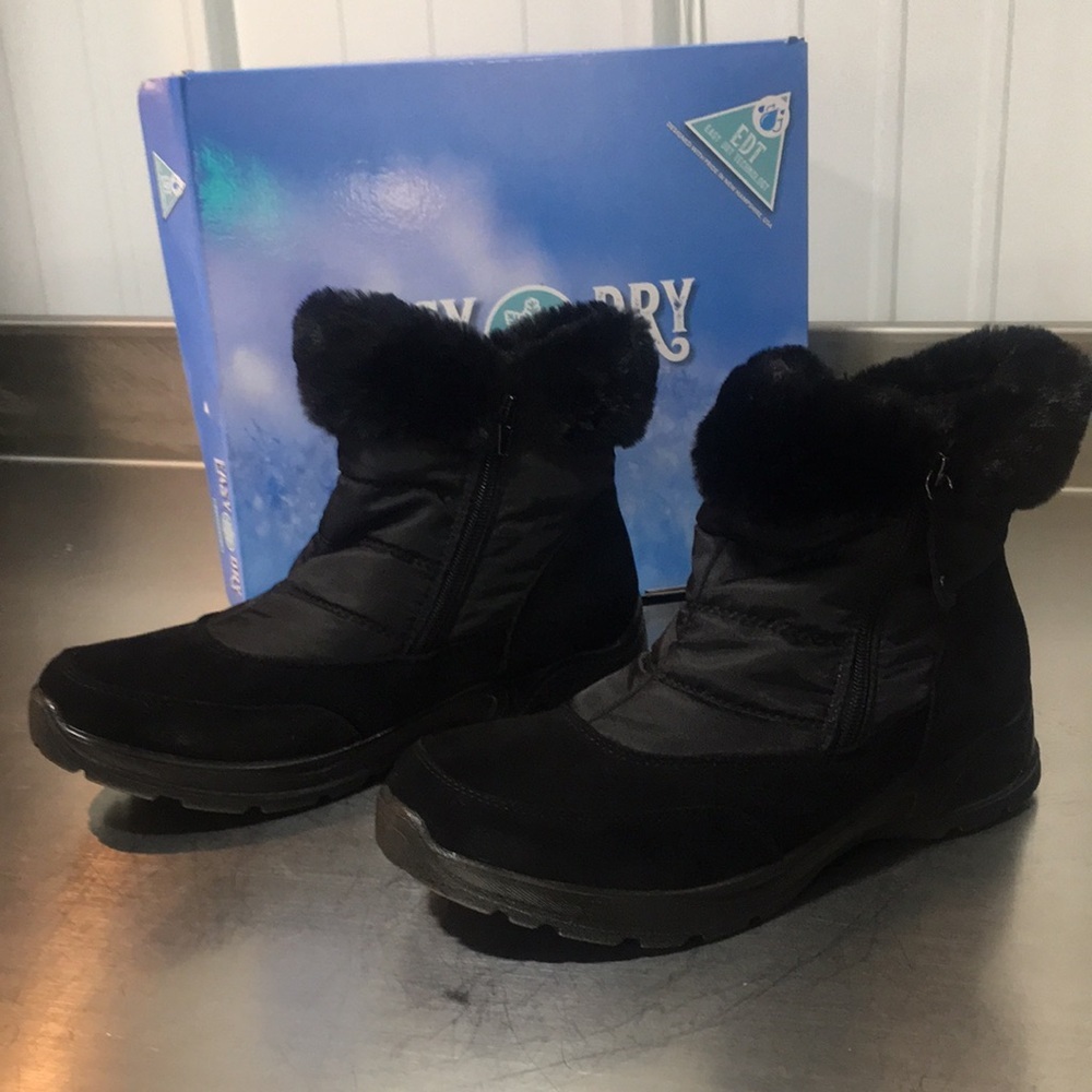 New Easy Dry Waterproof Black Faux Fur Winter Boots - Picture 3 of 5